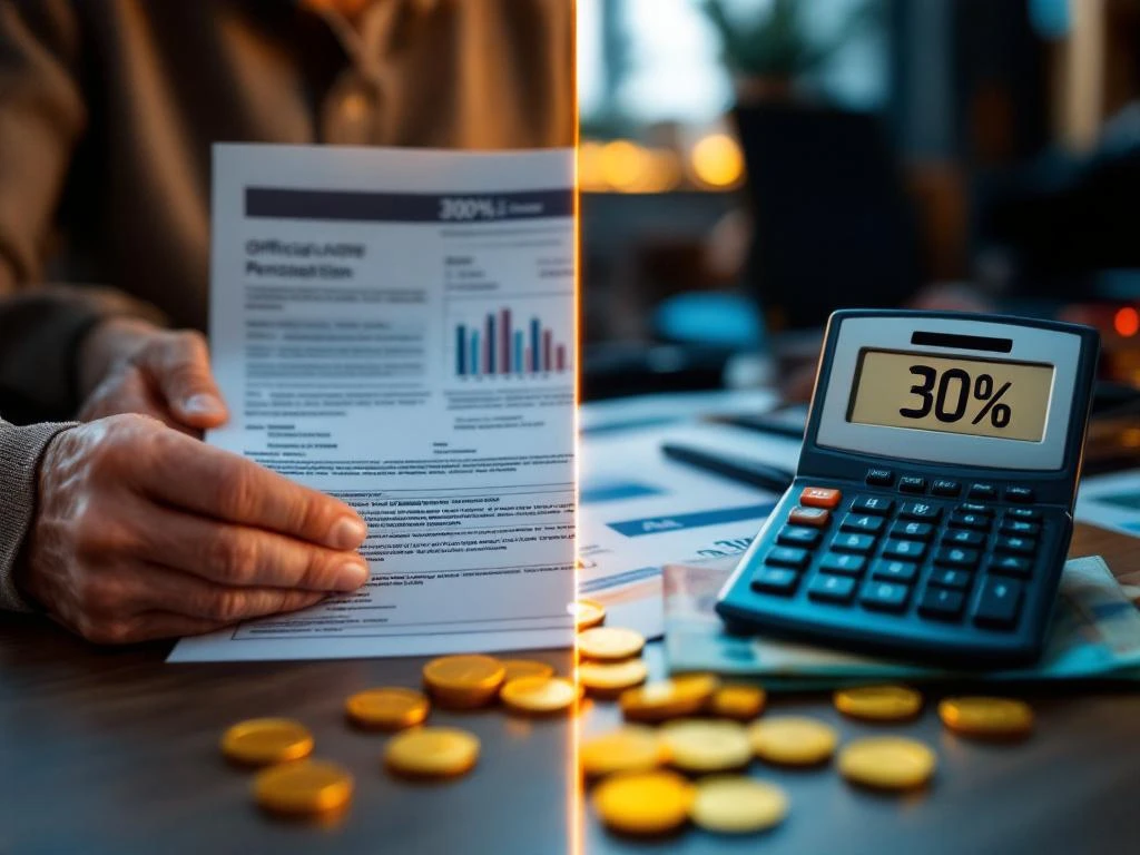 Nederlandse senioren handen met AOW-documenten naast rekenmachine met 30%, eurobiljetten en belastingformulieren