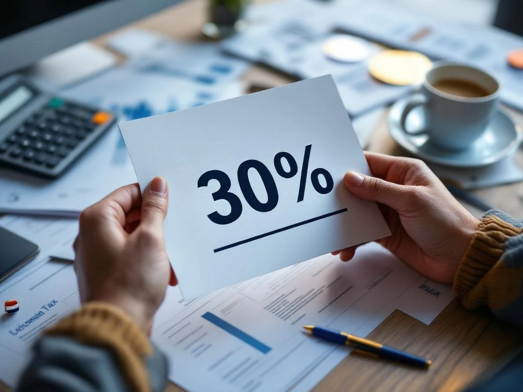 Handen houden document met 30% percentage, omringd door Nederlandse belastingformulieren op kantoorbureau