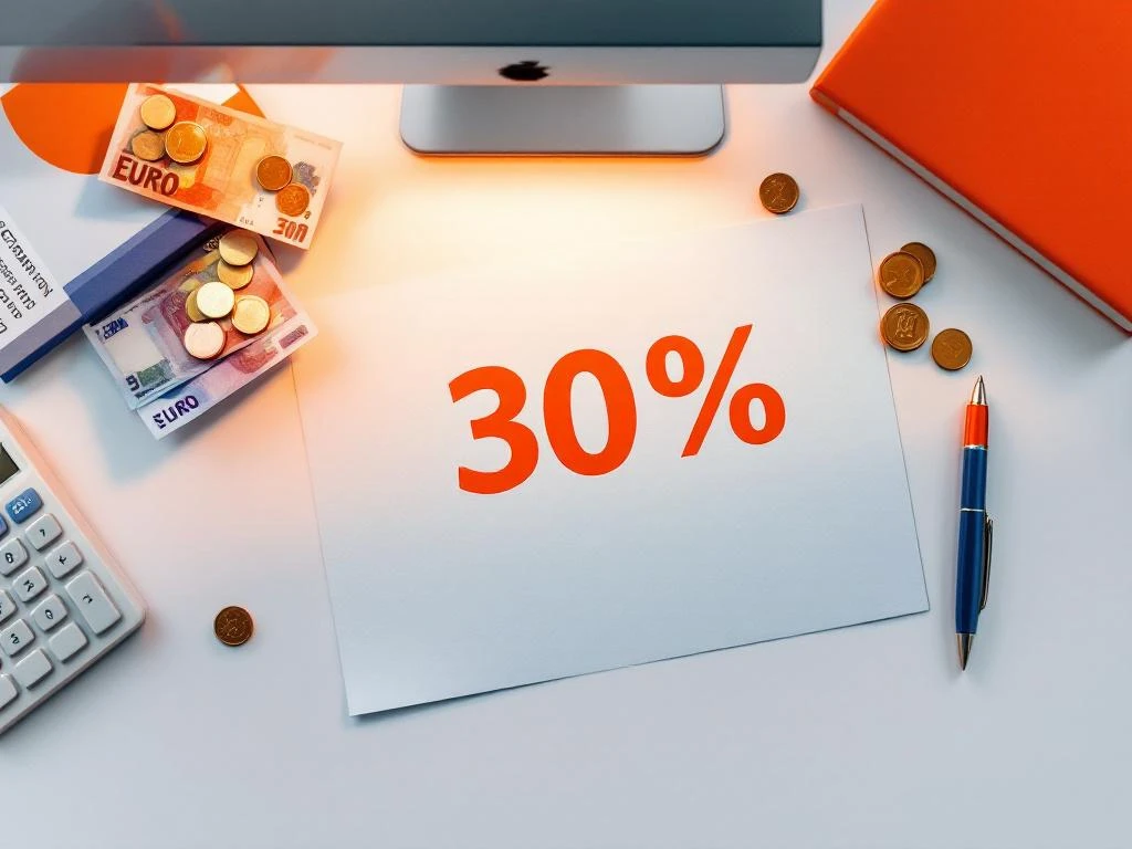 Nederlandse belastingdocumenten met 30% regel, rekenmachine, eurobiljetten en munten op modern bureau met oranje verlichting