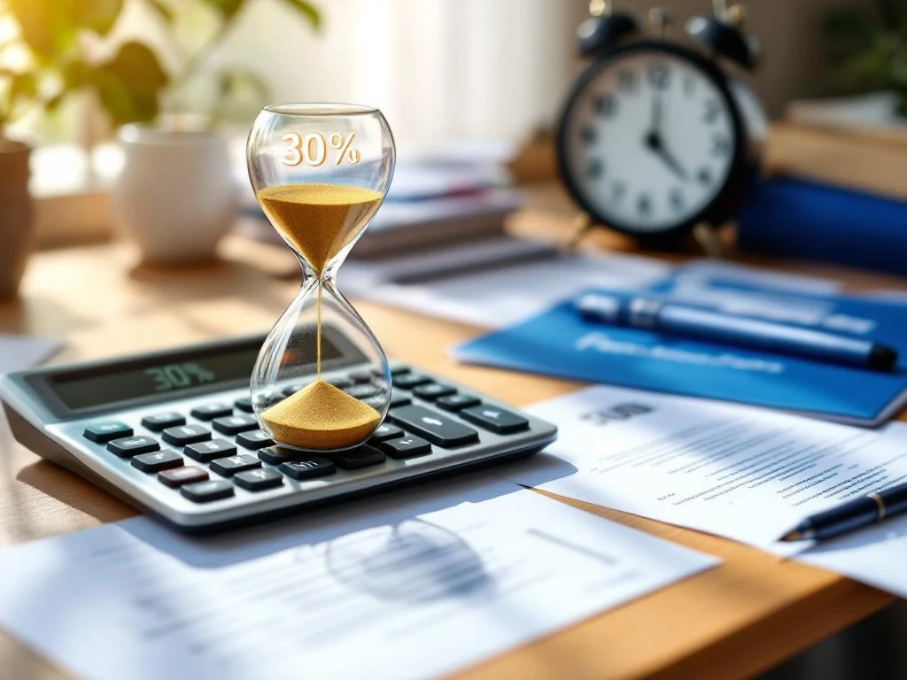 Rekenmachine toont 30% op bureau met Nederlandse belastingdocumenten en zandloper voor verwerkingstijd