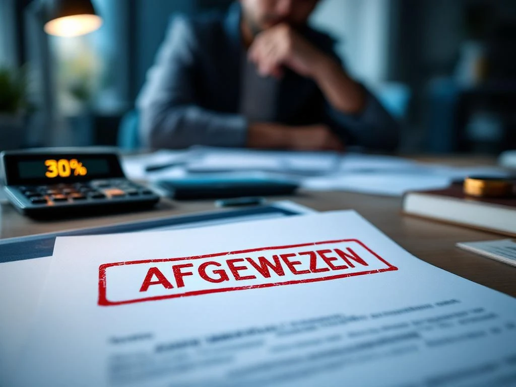 Afgewezen document met rode stempel op bureau met belastingformulieren, calculator toont 30%, Nederlandse vlag zichtbaar