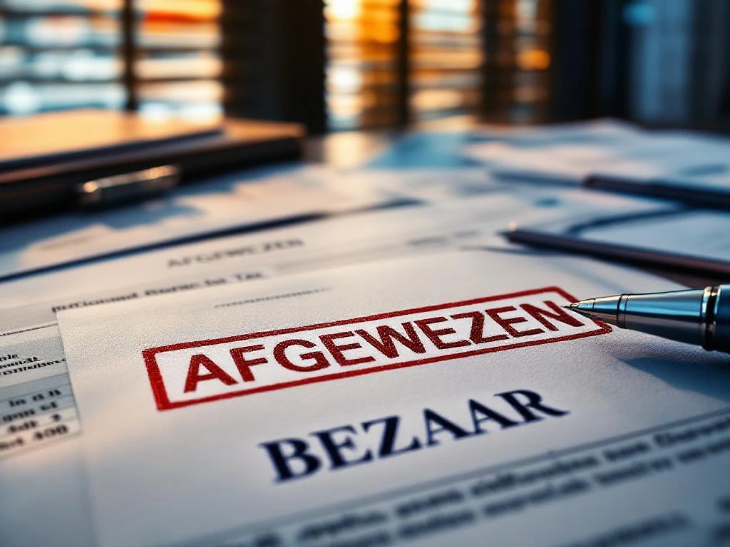 Nederlandse belastingdocumenten met rode "AFGEWEZEN" stempel en bezwaarformulier op bureau met pen