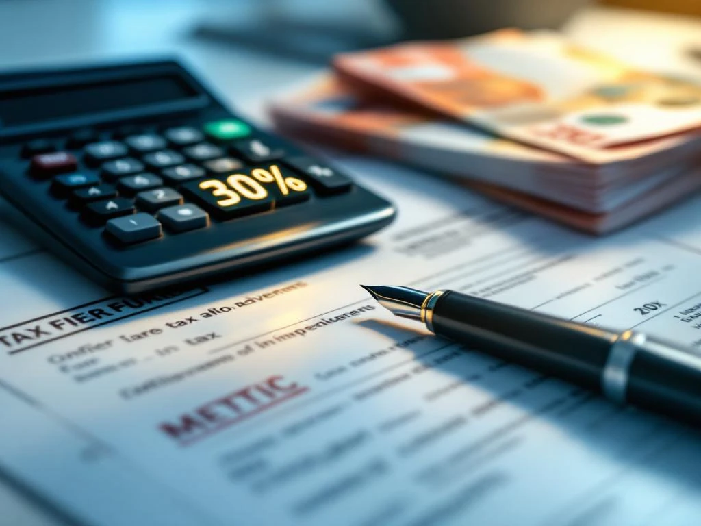 Rekenmachine toont 30% naast stapels eurobiljetten en Nederlandse belastingdocumenten met vulpen op wit bureau