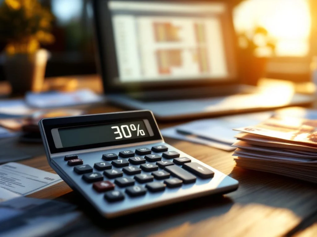 Calculator toont 30% op houten bureau met eurobiljetten en Nederlandse belastingdocumenten, laptop op achtergrond
