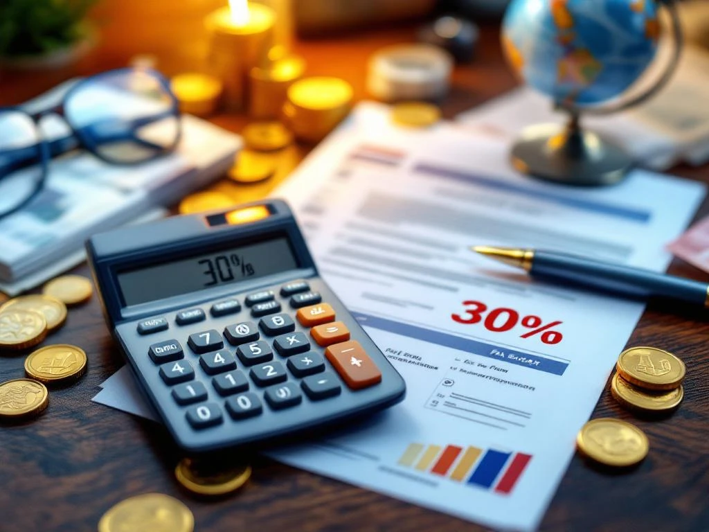 Rekenmachine toont 30% omringd door Nederlandse belastingdocumenten, euromunten en bankbiljetten op houten bureau