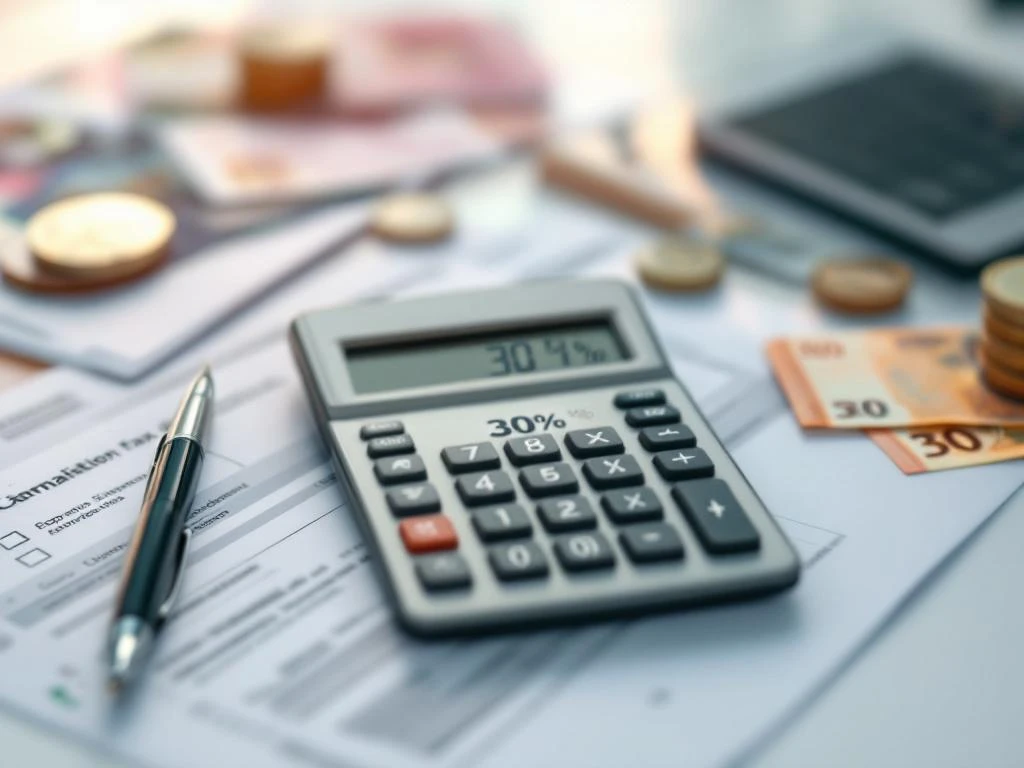 Rekenmachine toont 30% op scherm omringd door Nederlandse belastingdocumenten en eurobiljetten op wit bureau