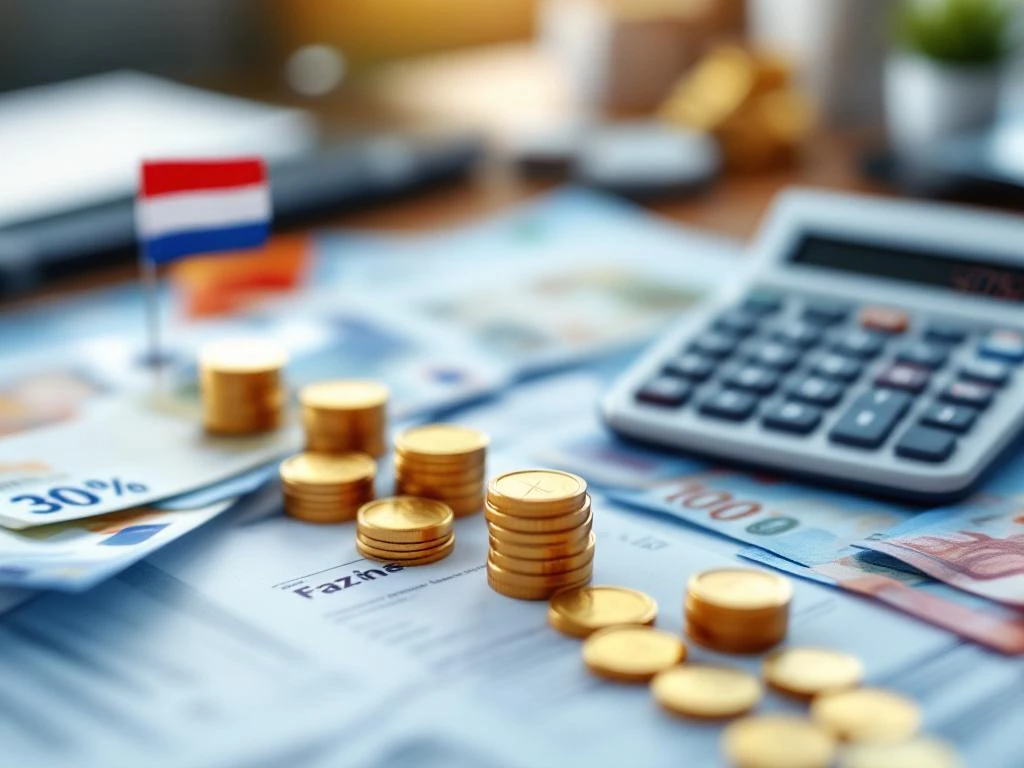 Nederlandse belastingcalculator met 30% op display, eurobiljetten en munten op bureau met Nederlandse vlag