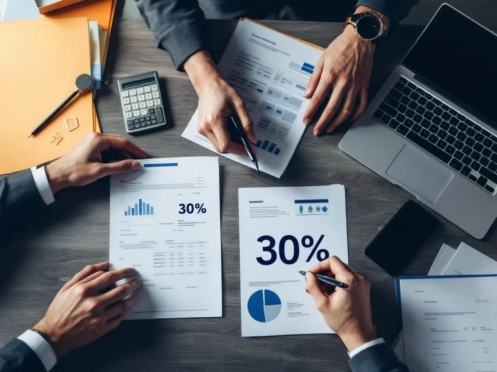 Handen in zakelijke kleding ordenen Nederlandse belastingdocumenten met 30% symbool op professioneel bureau met laptop