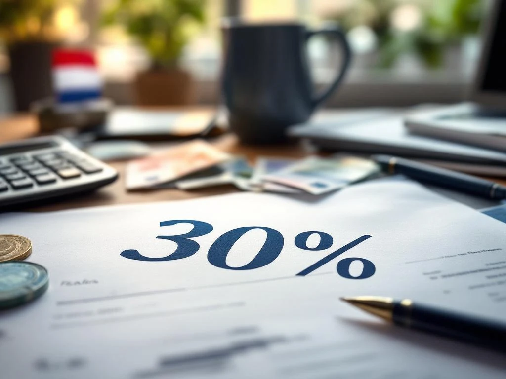 Nederlandse belastingdocumenten met prominente 30% tekst, calculator, pen en eurobiljetten op bureau met Nederlandse vlag