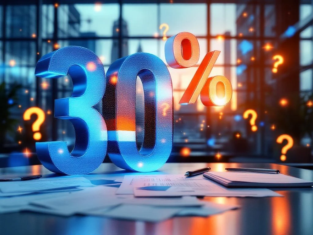 Modern glazen kantoorgebouw met Nederlandse architectuur, 30% percentagesymbolen en officiële documenten op bureau