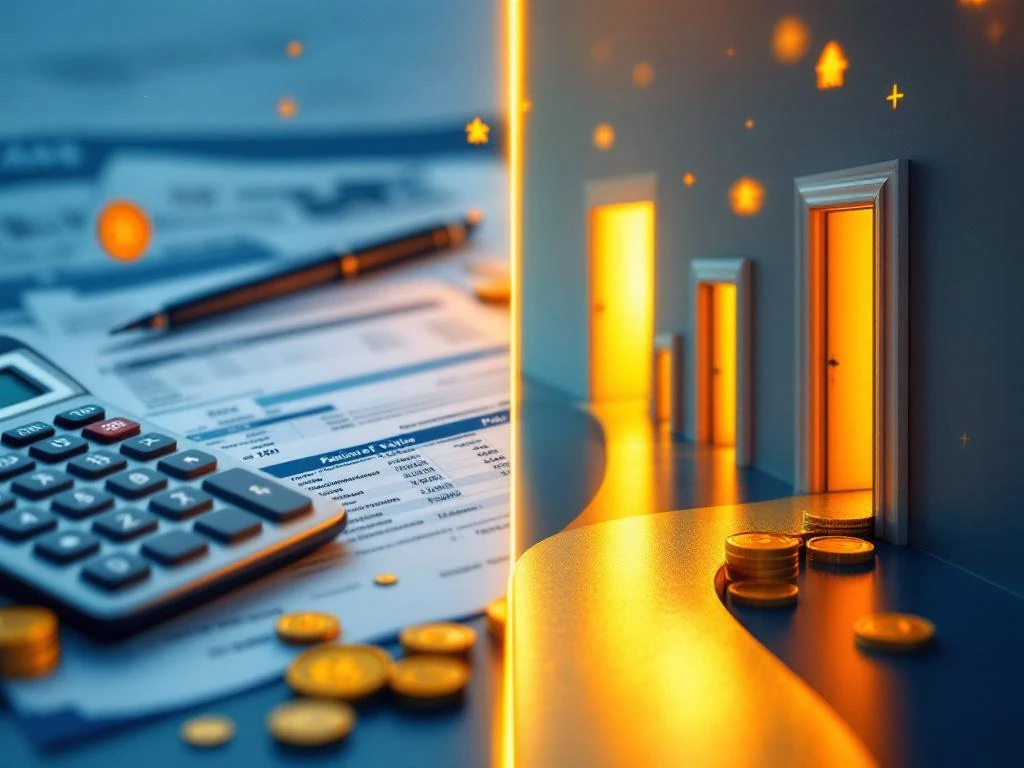 Rekenmachine en belastingdocumenten naast gouden pad naar financiële kansen, met Nederlandse belastingformulieren op achtergrond