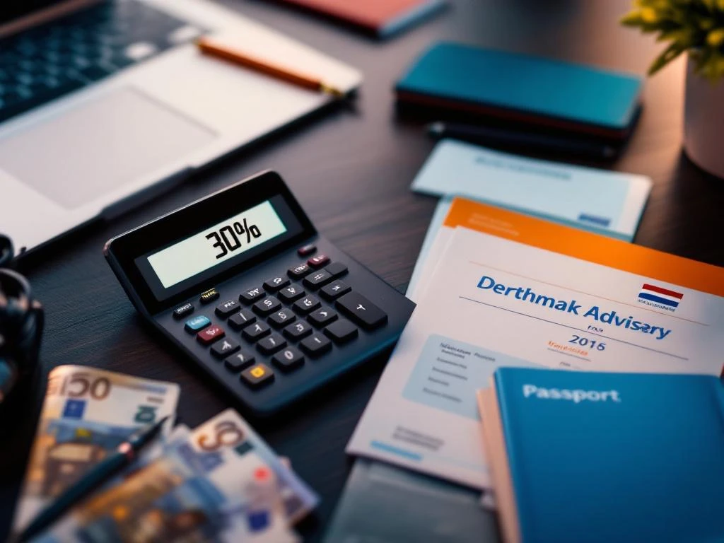 Rekenmachine toont 30% op bureau met Nederlandse belastingdocumenten, euro bankbiljetten en paspoort