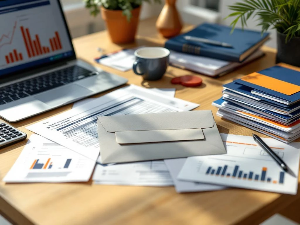 Nederlandse belastingdocumenten op modern bureau met laptop, calculator en Belastingdienst envelop voor belastingaangifte