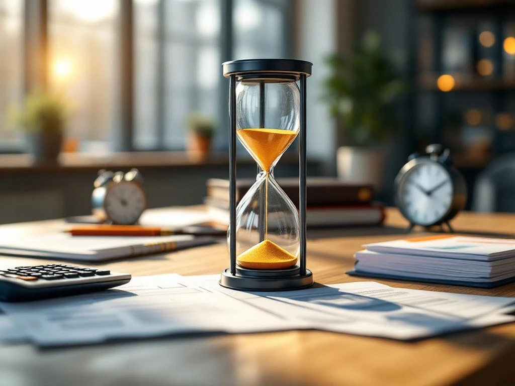 Moderne kantoorbureau met Nederlandse belastingdocumenten en zandloper die verwerkingstijd toont, professionele setting