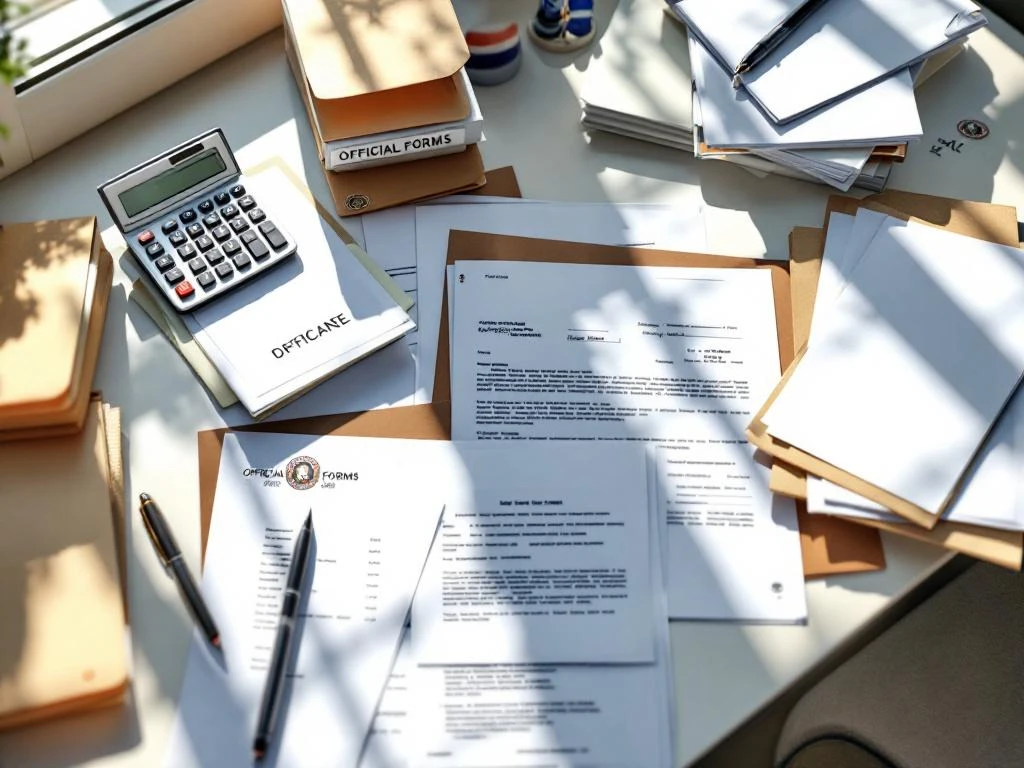 Georganiseerd bureau met officiële documenten, mappen, rekenmachine en Nederlandse vlag paperweight in professionele setting