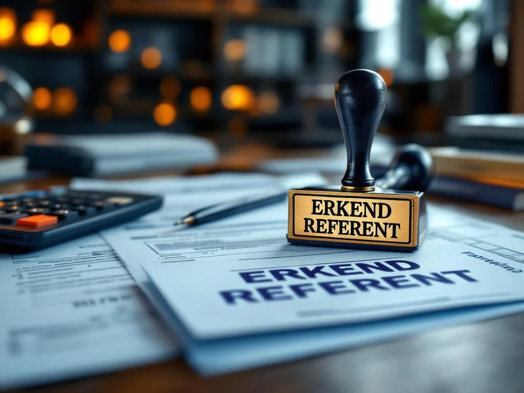 Nederlandse belastingdocumenten op bureau met ERKEND REFERENT stempel, calculator en pen in professionele kantooromgeving