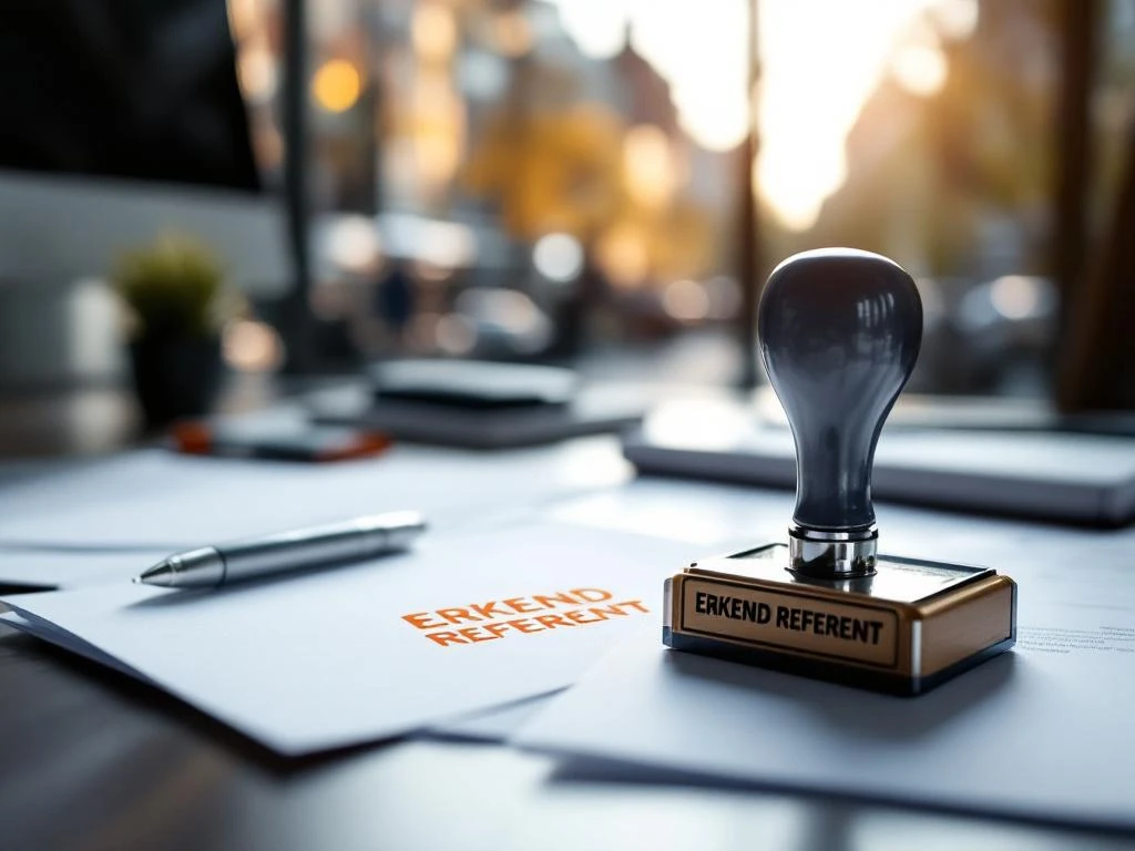 Nederlandse immigratiedocumenten met ERKEND REFERENT stempel op modern bureau, Amsterdam architectuur op achtergrond