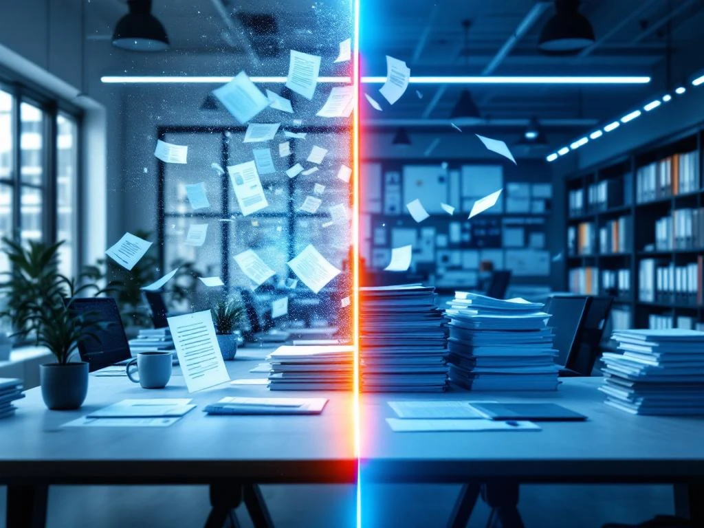 Gesplitst kantoor toont gestroomlijnd digitaal werkproces van erkend referent versus traditioneel kantoor met papierwerk