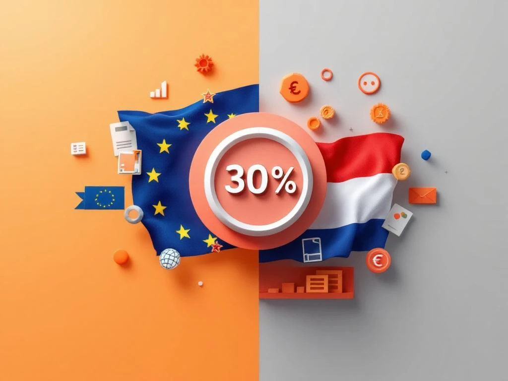 EU-vlag en Nederlandse elementen met 30% belastingsymbool, euro-tekens en documenten voor internationale mobiliteit