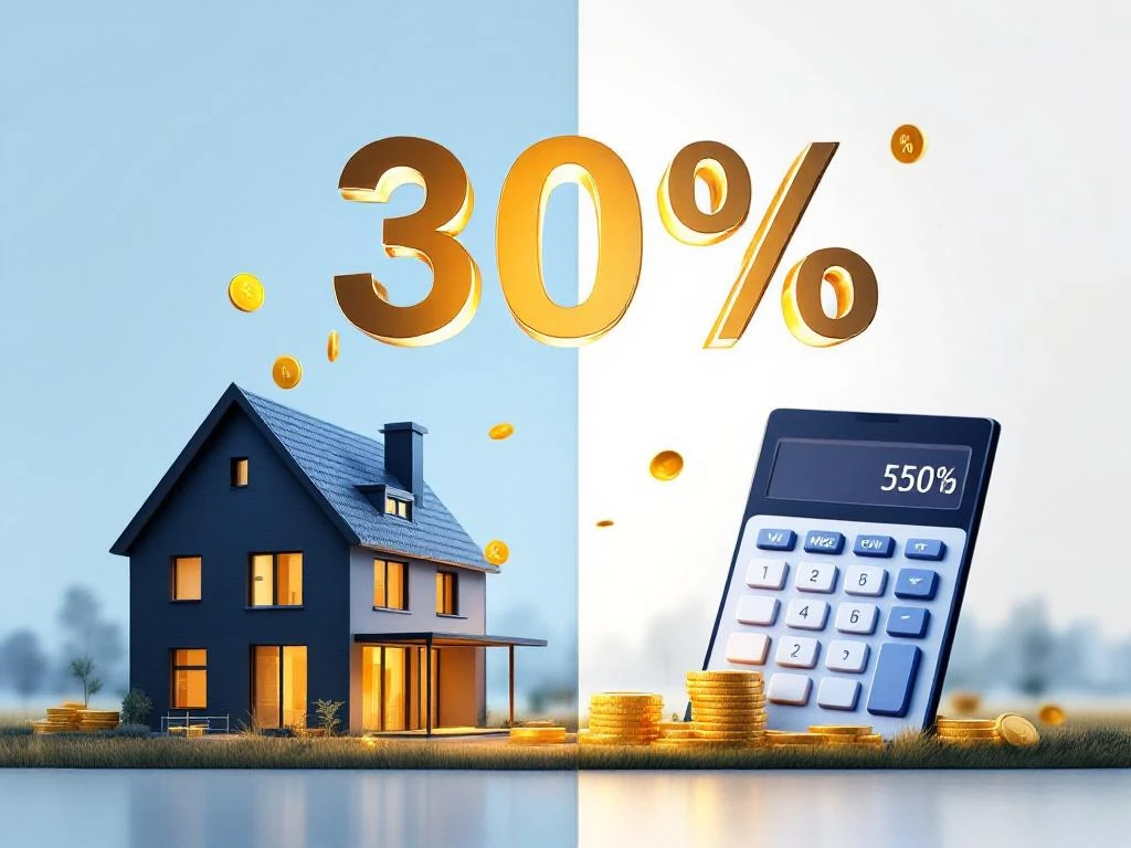 Modern Nederlands huis met 30% korting naast hypotheekcalculator en documenten met gouden munten en percentagesymbolen