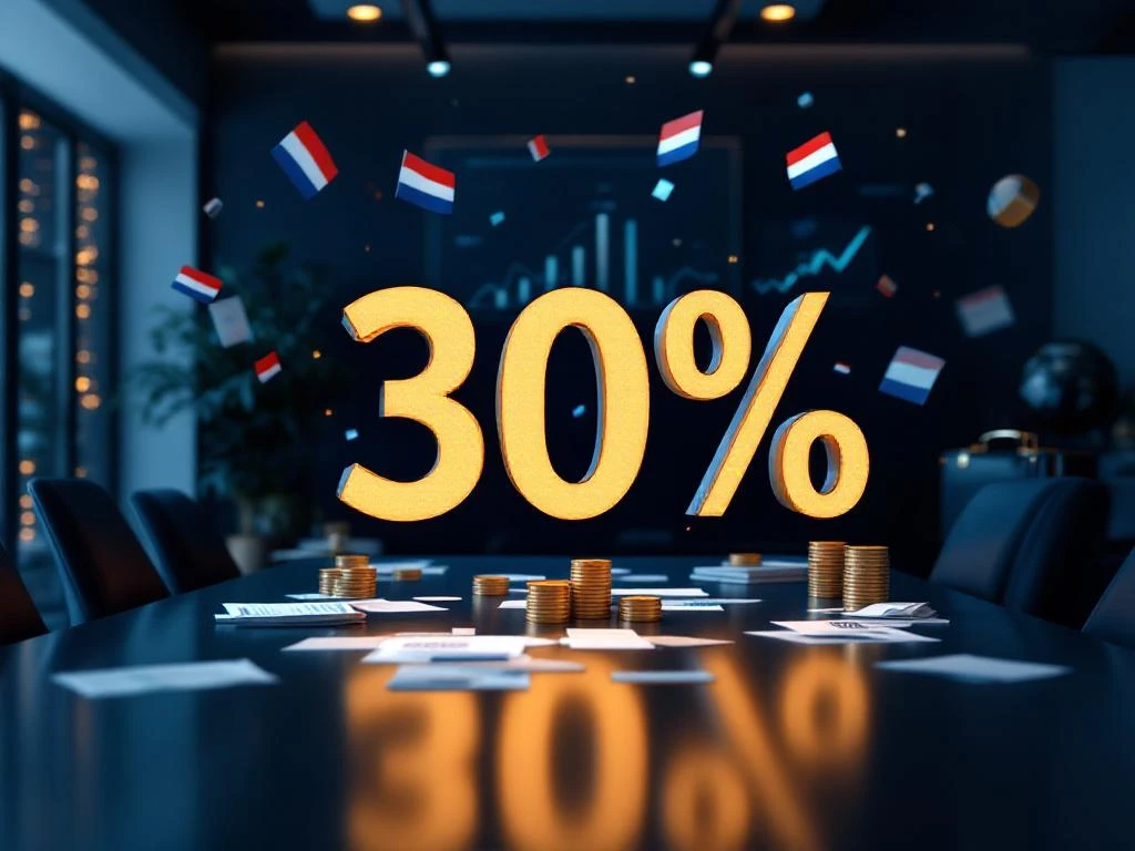 Moderne kantooromgeving met gouden 30% symbool boven vergadertafel, omringd door euro's en belastingdocumenten
