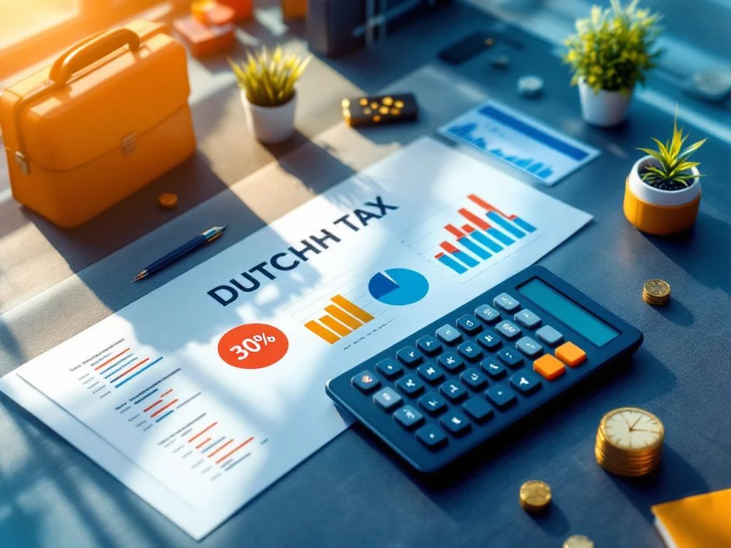 Nederlandse belastingdocumenten en rekenmachines met 30% berekeningen, oranje-blauwe accenten en kantooromgeving