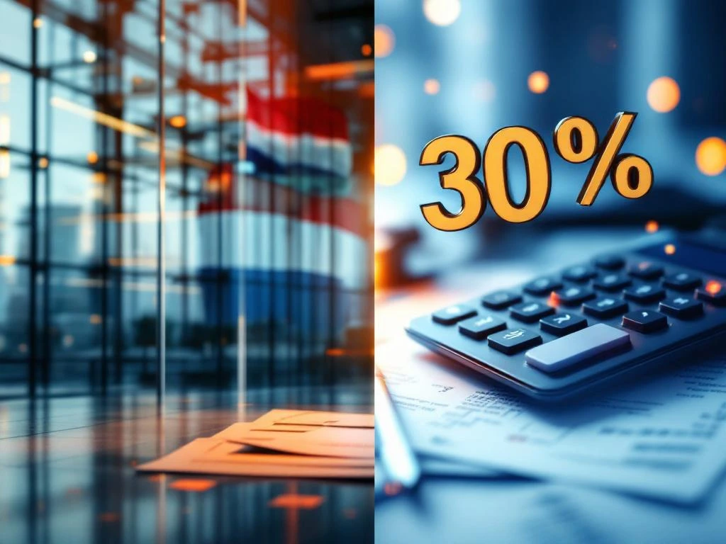 Nederlandse kantoorgebouw met vlag en calculator met gouden "30%" cijfers, belastingformulieren op voorgrond