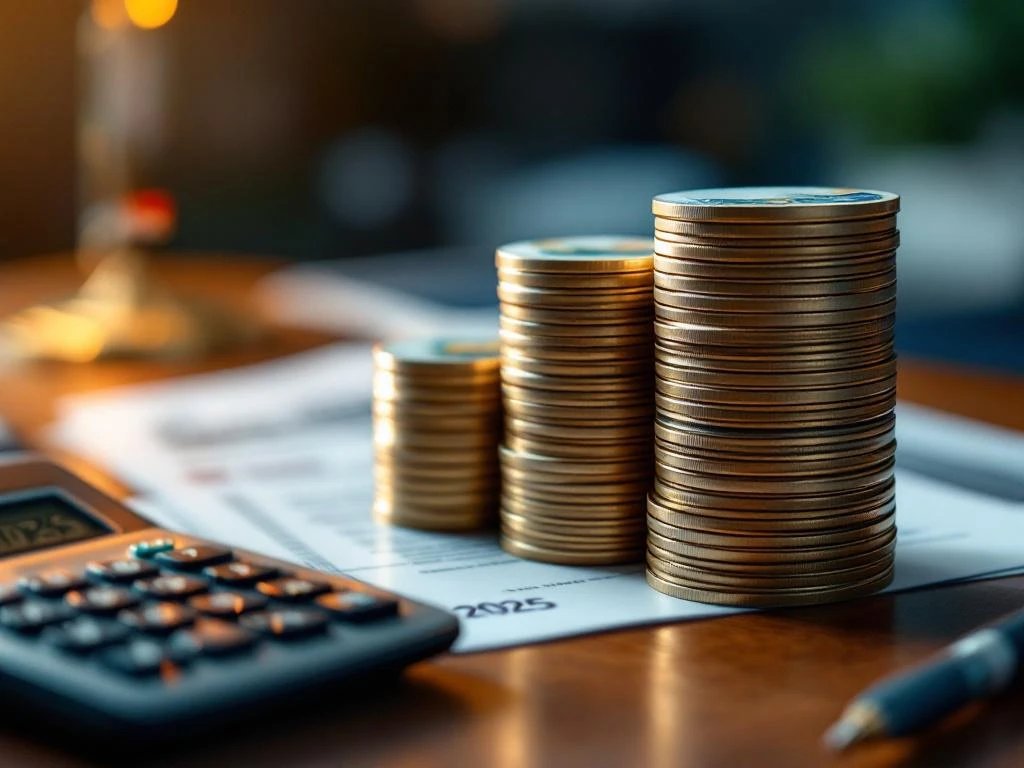 Euro bankbiljetten in stapels op houten bureau met rekenmachine "2025" en Nederlandse belastingdocumenten voor financiële planning