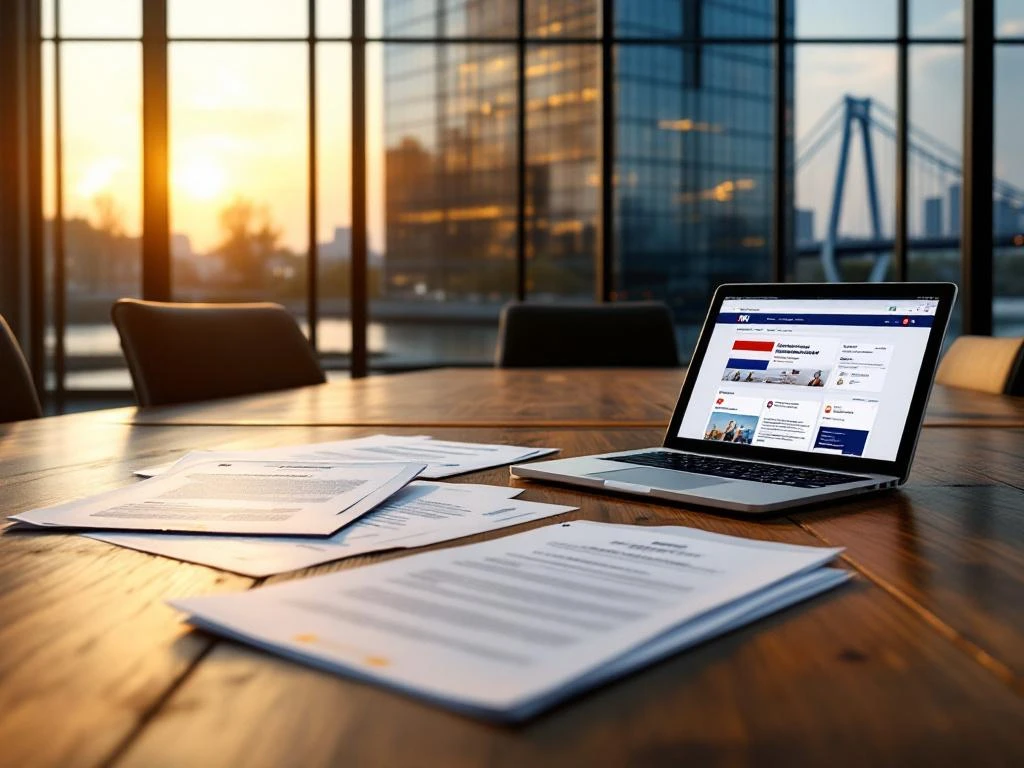 Nederlandse kantooromgeving met IND-documenten op houten vergadertafel, laptop met immigratiewebsite en Nederlandse vlag