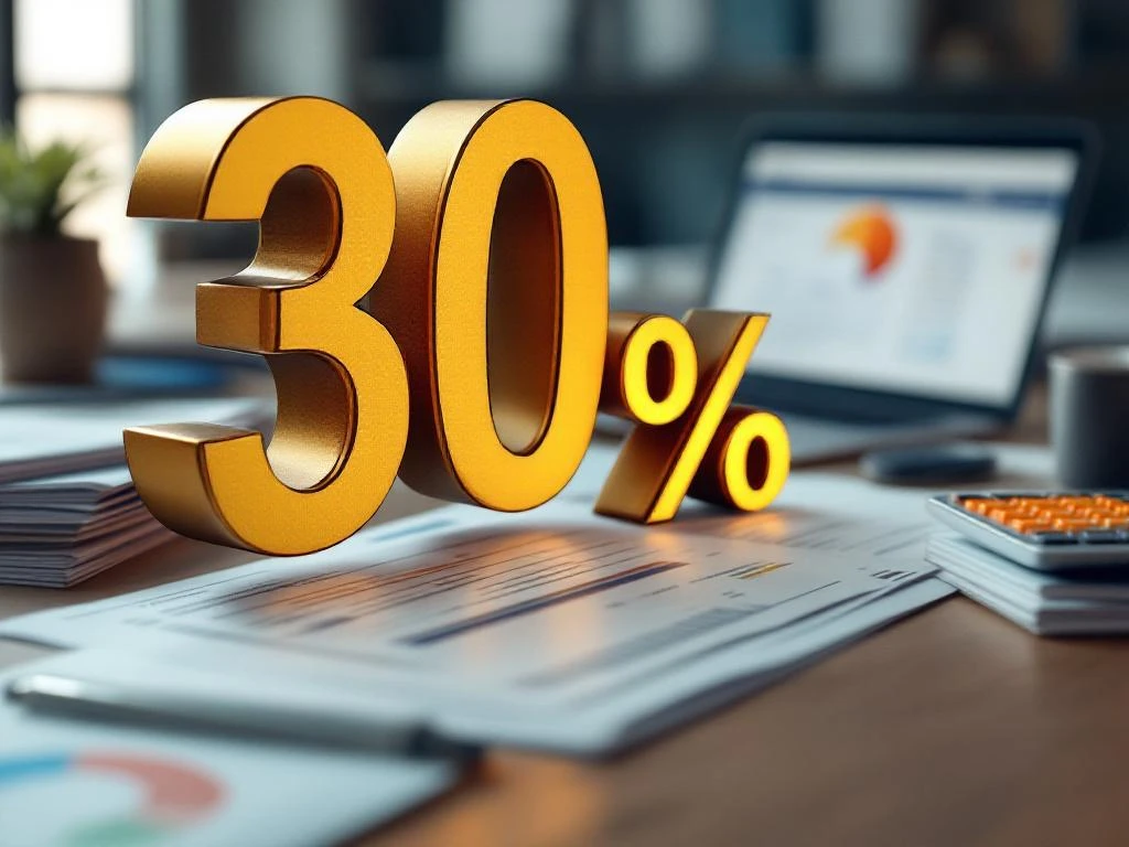 Gouden 30% symbool boven Nederlandse belastingdocumenten op modern bureau met calculator en laptop