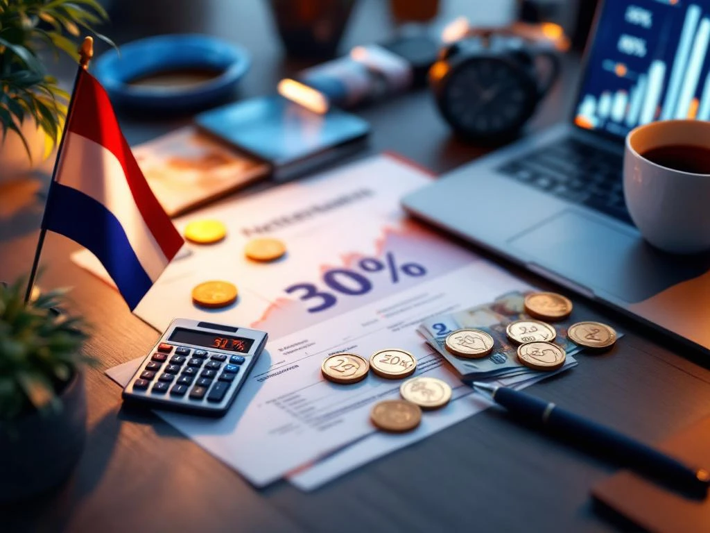 Nederlands belastingdocumenten op bureau met calculator die 30% toont, laptop, eurobiljetten en Nederlandse vlag