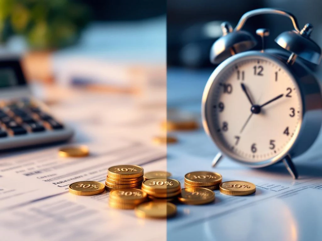 Rekenmachine en Nederlandse belastingdocumenten naast klok en gouden munten met 30% korting op wit bureau