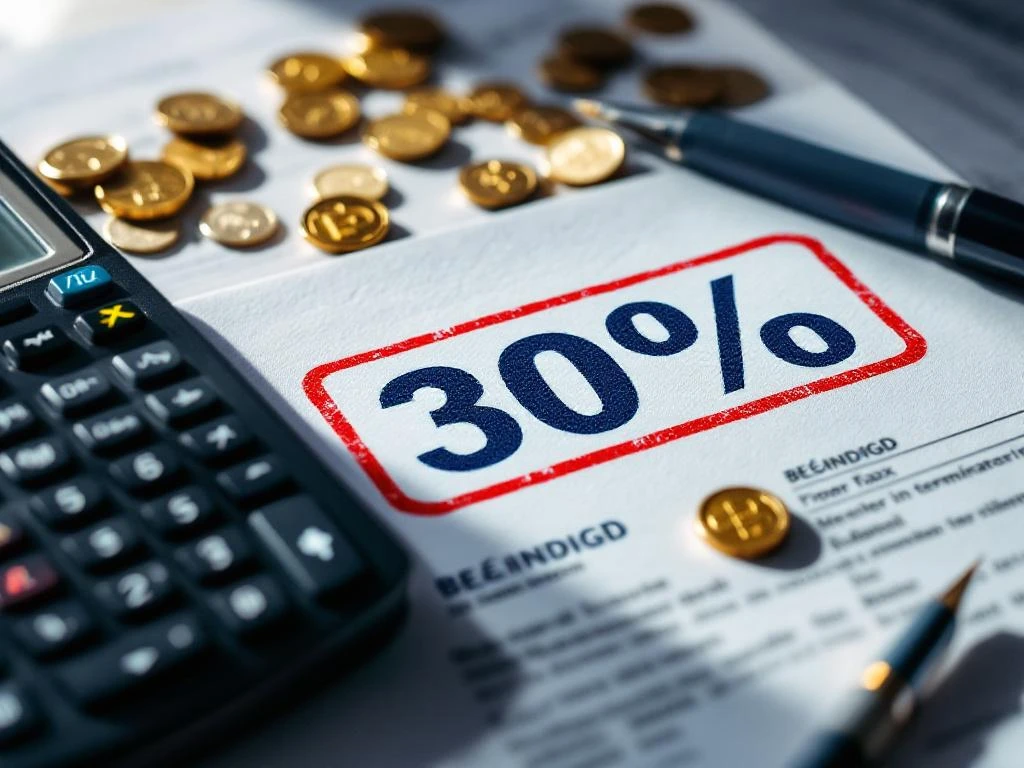 Nederlandse belastingdocument met 30% regel en rode BEËINDIGD stempel, gouden munten, calculator en pen op wit bureau