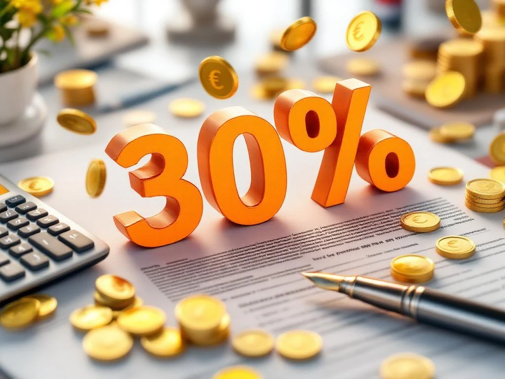 Nederlandse belastingdocument met 30% in oranje, gouden munten, eurosymbolen, rekenmachine en pen op wit bureau