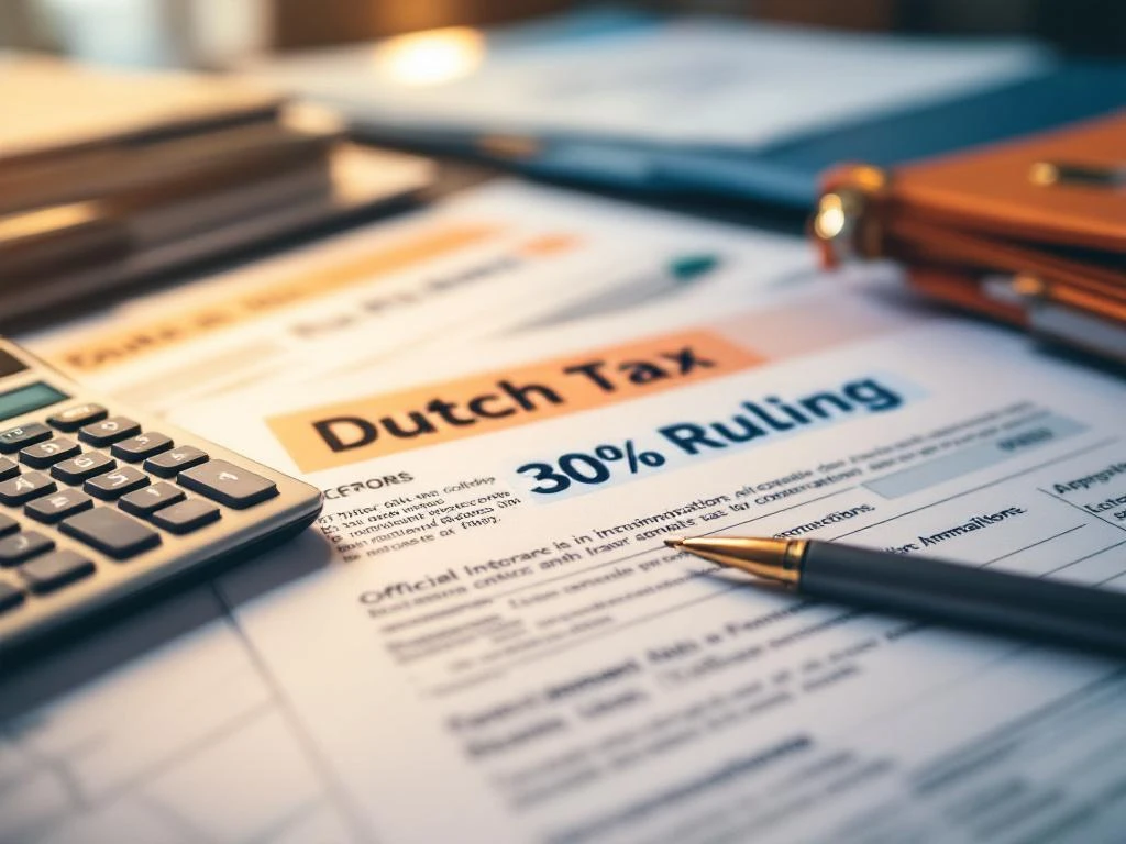 Nederlandse belastingdocumenten en 30% regeling papieren op professioneel bureau met rekenmachine en pen