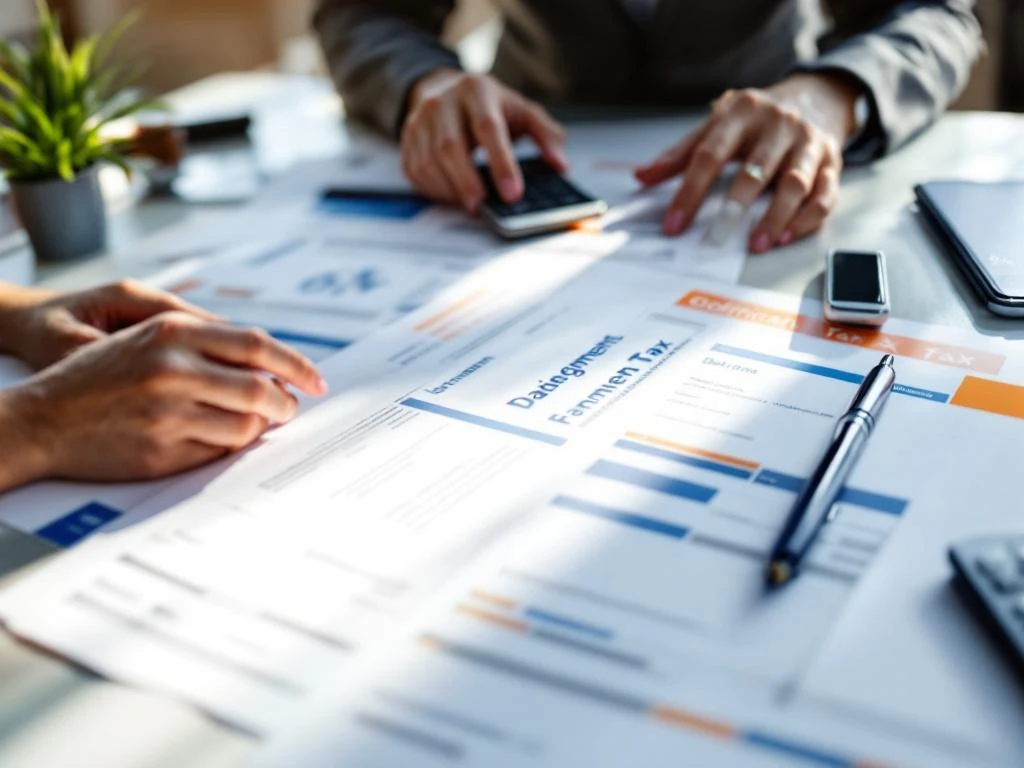 Handen houden Nederlandse belastingdocumenten vast op bureau met rekenmachine, pen en smartphone met percentagesymbolen