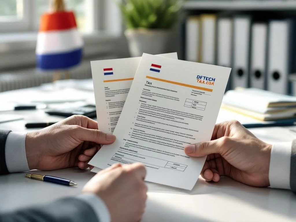 Handen houden Nederlandse belastingdocumenten met oranje-blauwe overheidsbriefhoofd, omringd door calculator en mappen