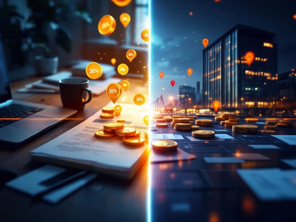 Split-screen van thuiskantoor met laptop en Nederlandse belastingdocumenten naast Amsterdam kantoorgebouw met 30% symbolen