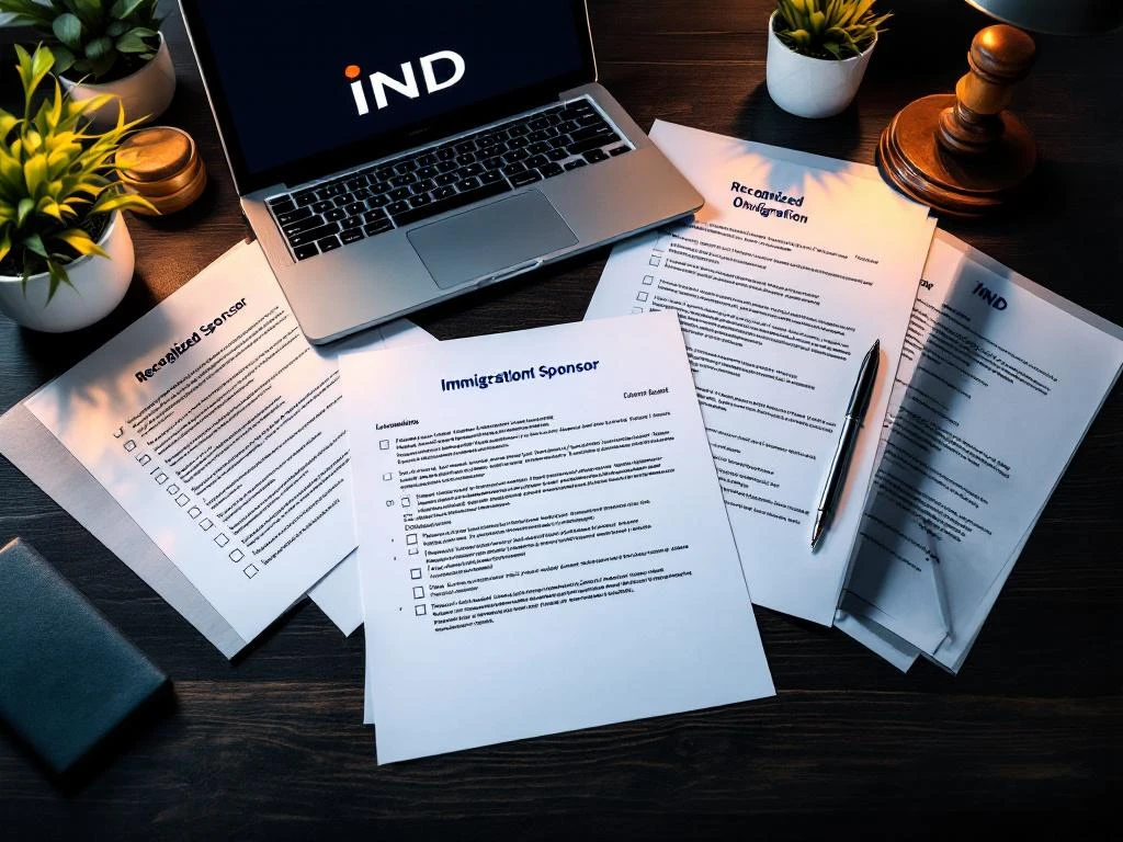 Nederlands immigratiedocumenten en formulieren op bureau met laptop die IND-website toont en juridische checklists