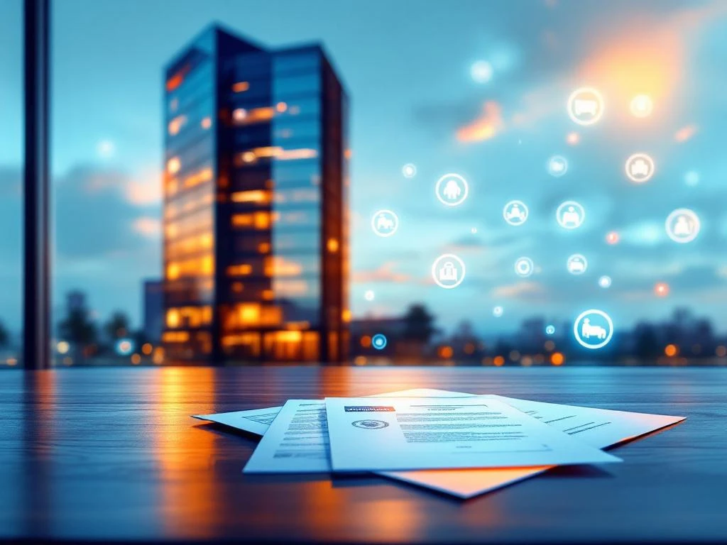 Modern kantoorgebouw met Nederlandse vlagkleuren, officiële documenten en stempels op houten bureau, paspoort iconen op achtergrond