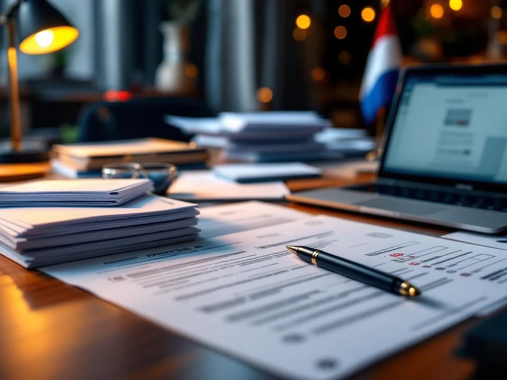 Officiële documenten en mappen op houten bureau met Nederlandse vlag, laptop toont overheidsformulieren