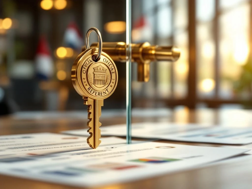 Gouden sleutel met officieel zegel ontgrendelt glazen deur, Nederlandse vlag op achtergrond, documenten op bureau