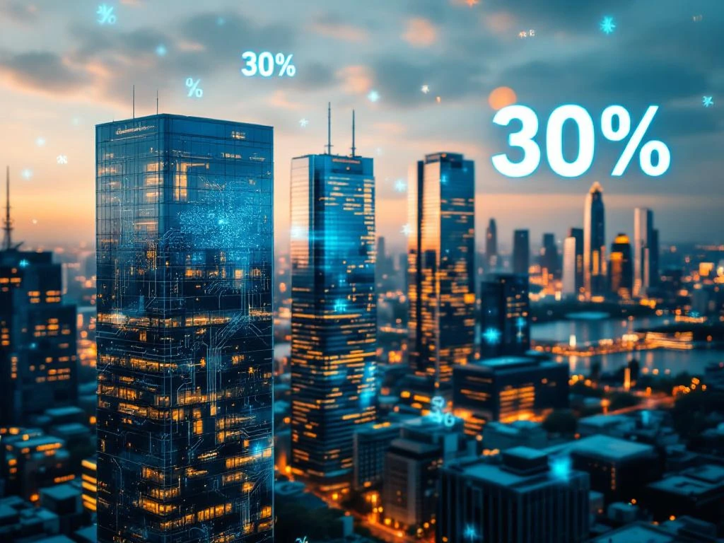 Luchtfoto van moderne Nederlandse zakenwijk met glazen kantoorgebouwen en zwevende 30% symbolen in bedrijfskleuren