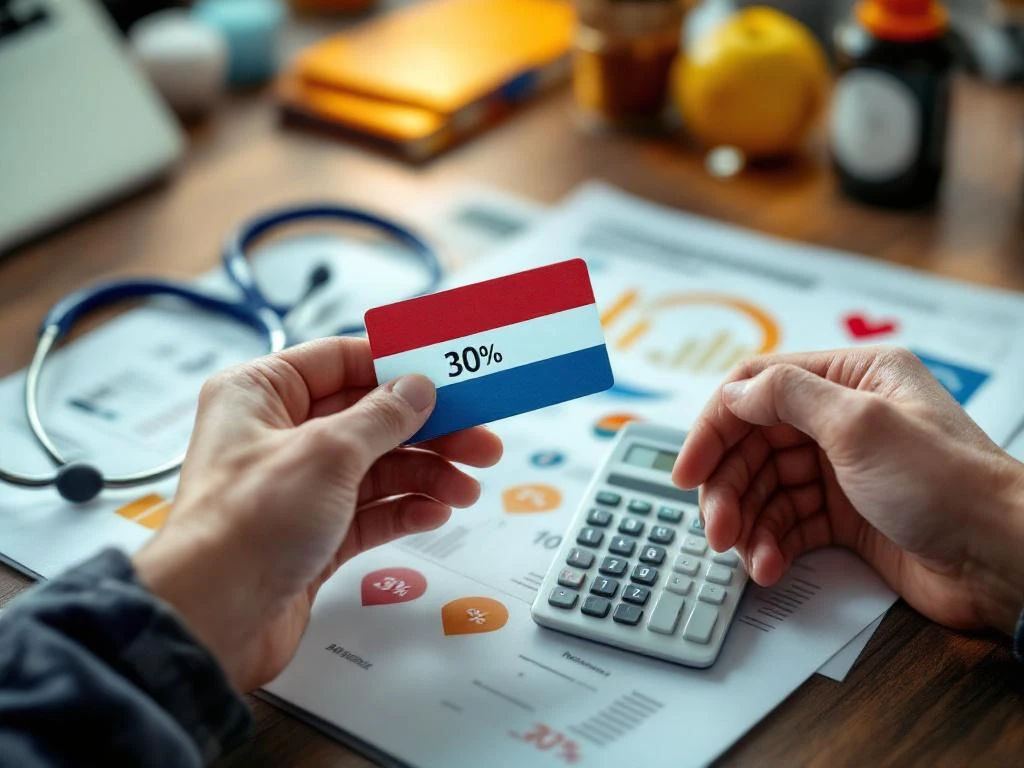 Handen houden Nederlandse zorgverzekeringskaart en rekenmachine met 30% boven medische documenten op bureau