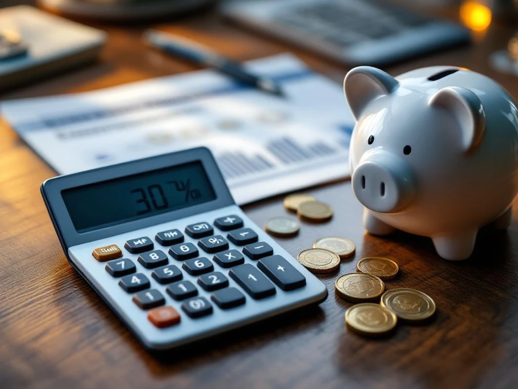 Rekenmachine toont 30% naast spaarvarken met euro munten en Nederlands pensioen document op houten bureau