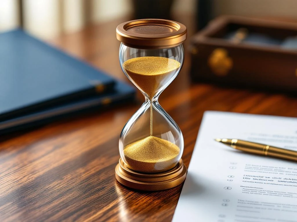 Gouden zandloper op mahonie bureau met officiële Nederlandse overheidsdocumenten en stempels eromheen