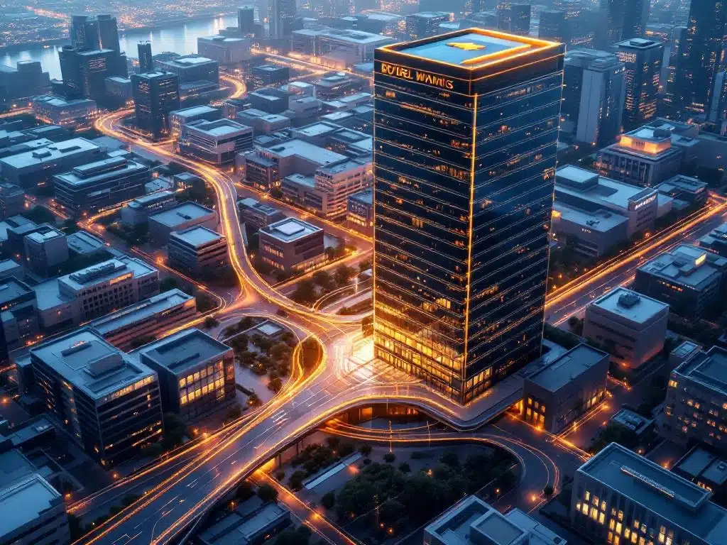 Moderne kantoorgebouwen met glazen gevels verbonden door paden, luchtfoto bij gouden uur met zakelijke districts