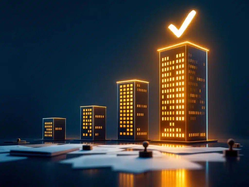 Drie kantoorgebouwen van klein naar groot met gouden licht en vinkje boven het grootste, documenten op bureau