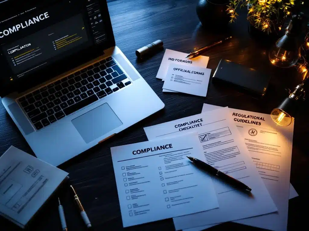 Bovenaanzicht van professioneel bureau met IND-formulieren, compliance documenten en laptop met regelgeving op donker hout