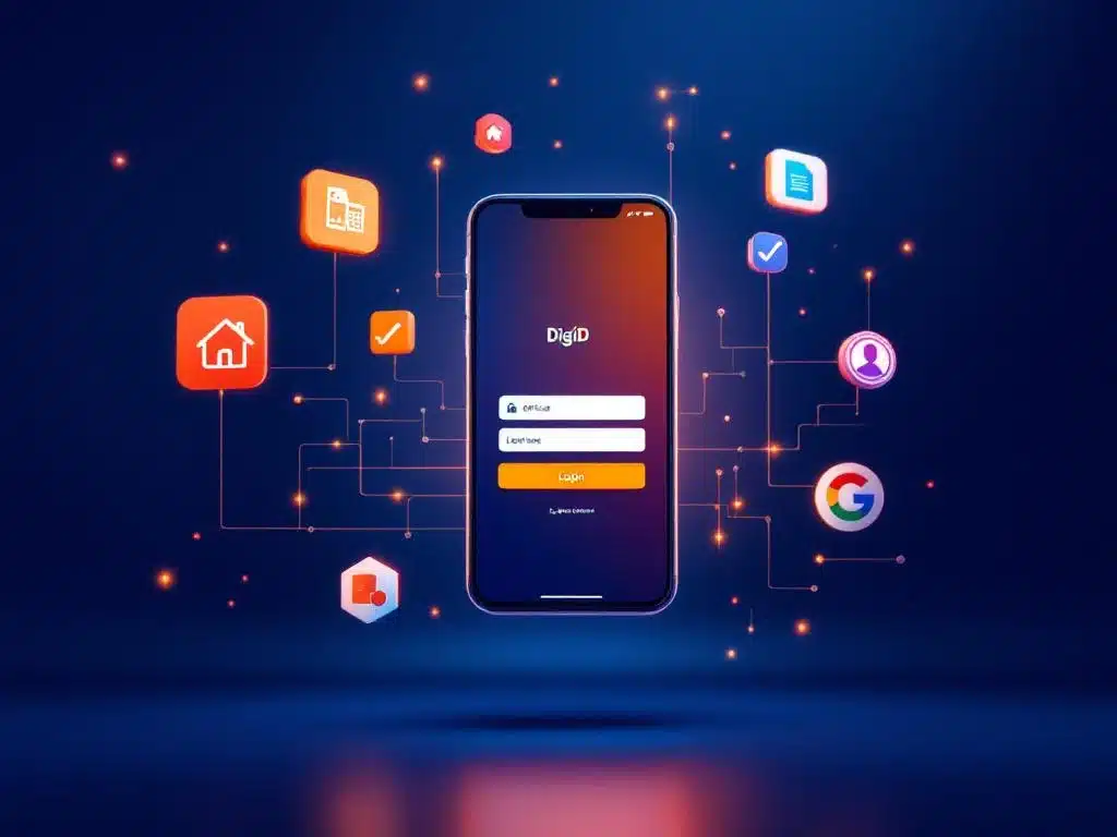 Smartphone met DigiD inlogscherm omringd door zwevende iconen van Nederlandse overheidsdiensten op blauw-oranje achtergrond
